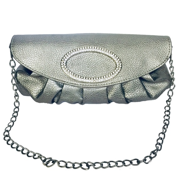 Handbags - Women’s Silver Clutch with Crystal Adorned Flap